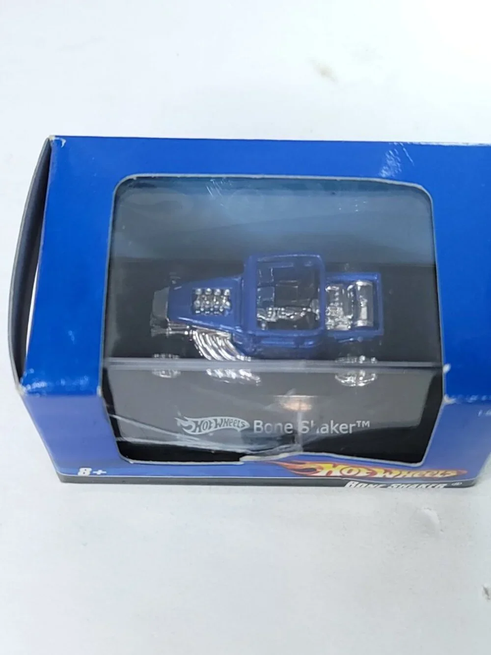 Hot Wheels 1/87th Scale Bone Shaker Blue Acrylic Collector Box  Damage Flames